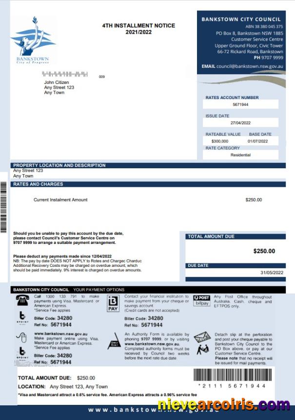 Australia NSW Bankstown City Council utility bill